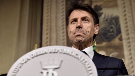 Le nouveau Premier ministre italien, Giuseppe Conte, lors de l'annonce de la liste des membres du gouvernement, au Palais présidentiel Quirinal, le 31 mai 2018, à Rome (Italie).&nbsp; (TIZIANA FABI / AFP)