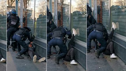 Combinaison d'images créée le 19 janvier 2020 et tirée d'une vidéo diffusée par un manifestant la veille, montrant un policier anti-émeute en train de tabasser un manifestant en marge de la mobilisation des "gilets jaunes" près de la gare de l'Est, à Paris. (- / HANDOUT)