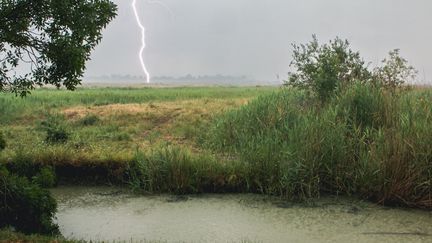 Un orage aperçu depuis le village de Brouage (Charente-Maritime), le 9 juin 2023. (PAULINE PAUGET / HANS LUCAS / AFP)