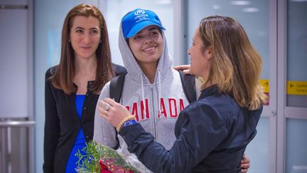 La jeune Saoudienne Rahaf Mohammed Al-Qunun lors de son arrivée à Toronto (Canada), le 12 janvier 2019. (LARS HAGBERG / AFP)