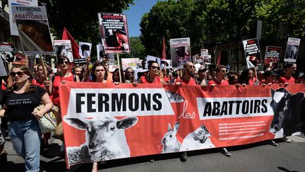 Des manifestants défilent à Paris, le 10 juin 2017, pour demander la fermeture des abattoirs.&nbsp; (PASCAL VANDON / CITIZENSIDE / AFP)