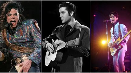 Michael Jackson © Thierry Salliou/AFP, Elvis Presley © Bertrand Guay/AFP, Prince © INP/AFP
