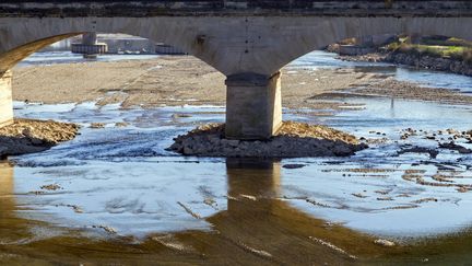 L'Orb, un fleuve côtier qui traverse l'Hérault et l'Aveyron, était presque à sec au niveau de Béziers (Hérault), le 11 février 2023. (JEAN-MARC LALLEMAND / MAXPPP)