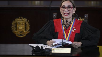 Venezuela's Supreme Court of Justice President Caryslia Rodriguez delivers a statement on the results of the presidential election, in Caracas, on August 22, 2024. (FEDERICO PARRA / AFP)