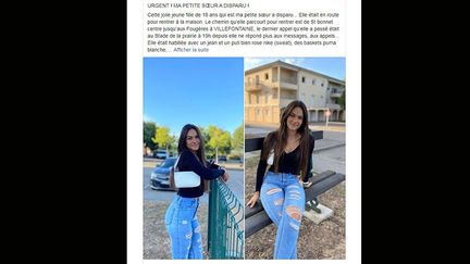 Capture d'écran du post posté par la soeur de la jeune fille disparue samedi 26 septembre en Isère. (CAPTURE D'ECRAN FACEBOOK)