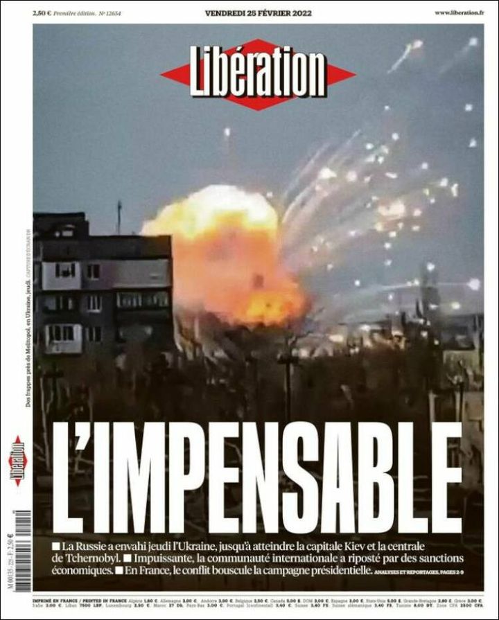 The front page of the French daily "Release"February 25, 2022. (RELEASE)