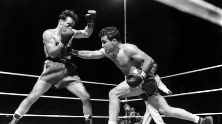 Le boxeur américain Jake LaMotta (à droite), lors d'un combat organisé contre le Français Marcel Cerdan (à gauche), le 16 juin&nbsp;1949, à Détroit (Michigan, Etats-Unis).&nbsp; (AP / SIPA)