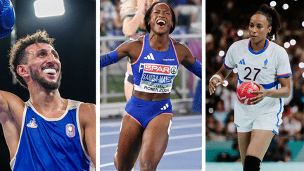 Le boxeur Sofiane Oumiha, la hurdleuse Cyréna Samba-Mayela et la handballeuse Estelle Nze-Minko, trois athlètes français attendus en deuxième semaine des Jeux olympiques de Paris 2024. (AFP)