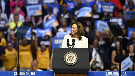 La vice-présidente et candidate à la présidentielle Kamala Harris s'exprime lors d'un meeting à Savannah (Géorgie), le 29 août 2024. (PETER ZAY / ANADOLU / AFP)