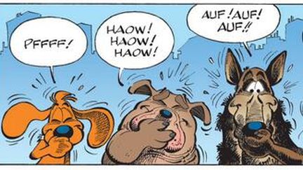 Dans ce dessin de Laurent Veron, extrait du 33e tome de&nbsp;Boule et Bill, six chiens de toutes les races aboient de fa&ccedil;ons diff&eacute;rentes. (LAURENT VERON / EDITIONS DARGAUD)