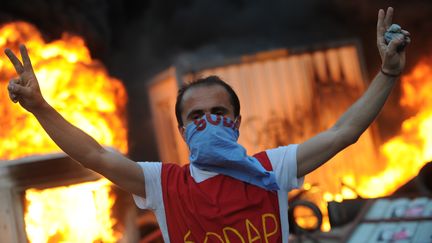 Un manifestant se dresse devant la police, vendredi 31 mai &agrave; Istanbul (Turquie). (BULENT KILIC / AFP)