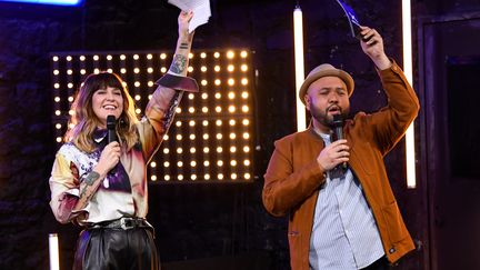 Daphné Bürki et Raphäl Yem au Théâtre Mogador à Paris lors du lancement de la chaîne CultureBox le 1er février 2021 (BERTRAND GUAY / AFP)