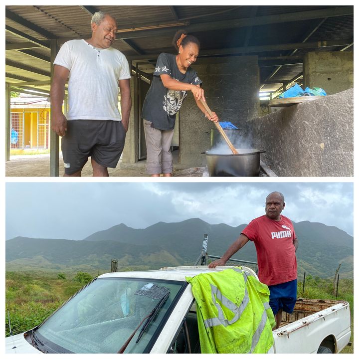 Denis Meandu Poveu (haut) et Willy Goro Moto (bas),&nbsp;habitants de tribus à Poya (Nouvelle-Calédonie), le 29 novembre 2021. (RAPHAEL GODET / FRANCEINFO)