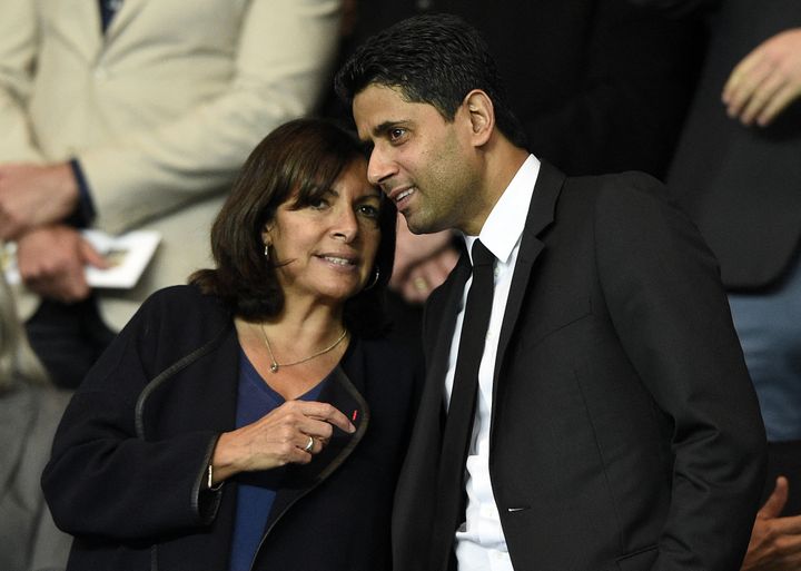 The mayor of Paris Anne Hidalgo with the president of Paris Saint-Germain Nasser Al-Khelaifi, September 11, 2015, at the Parc des Princes.  (FRANCK FIFE / AFP)