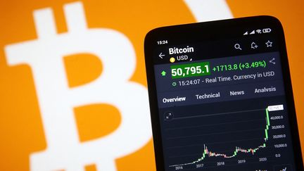 La valeur du bitcoin a&nbsp;dépassé le seuil des 50 000 dollars, pour la première fois, le 16 février 2021. (STR / NURPHOTO)