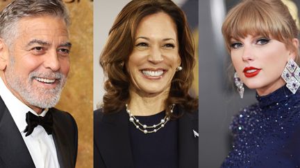 De gauche à droite : l'acteur George Clooney le 28 septembre 2023 à New York, la candidate démocrate à la présidentielle américaine Kamala Harris à Wayne (Michigan) le 8 août 2024 et la chanteuse Taylor Swift le 5 février 2023 à Los Angeles (Californie). (CINDY ORD/GETTY IMAGES/AFP/JEFF KOWALSKY / AFP/ MATT WINKELMEYER/GETTY IMAGES FOR THE RECORDING ACADEMY)