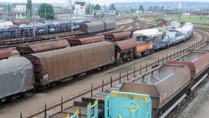 Des trains de fret en gare de Sotteville-lès-Rouen (Seine-Maritime). (ROBERT FRANCOIS / AFP)