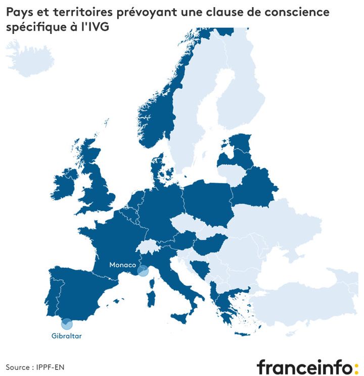 Vingt-trois pays et territoires européens prévoient une clause de conscience spécifique à l'IVG. (FRANCEINFO)