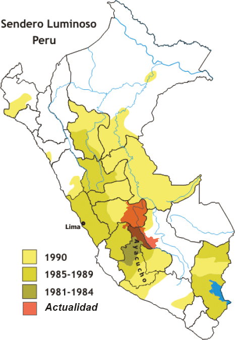 Les territoires successifs du Sentier Lumineux au Pérou de 1990 à nos jours. (DR)