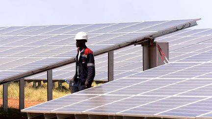 La centrale solaire sénégalaise de Bokhol en 2016. Aujourd'hui, cette centrale est doublée par la centrale de Mékhé. (SEYLLOU / AFP)