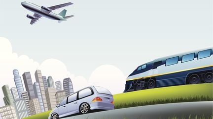 Se déplacer en train, voiture et avion, des transports qui, en période de vacances scolaires, coûtent plus chers. (Illustration) (XRISCA30 / DIGITAL VISION VECTORS / GETTY IMAGES)