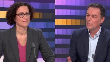 Emmanuelle Wargon, ministre du Logement, et Christophe Robert, directeur général de la fondation Abbé Pierre, invités du 8h30 franceinfo le 2 février 2022. (FRANCEINFO)