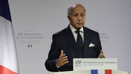 Laurent Fabius, le président du Conseil constitutionnel, le 4 octobre 2018, lors d'une cérémonie marquant le 60e anniversaire de la Constitution de la Ve République à Paris. (THOMAS SAMSON / AFP)