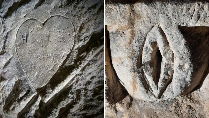 Exemple de traces du passage de poilus dans un souterrain de Moulin-sous-Touvent (Oise), en novembre 2021. (AGATHE MAHUET / RADIO FRANCE)