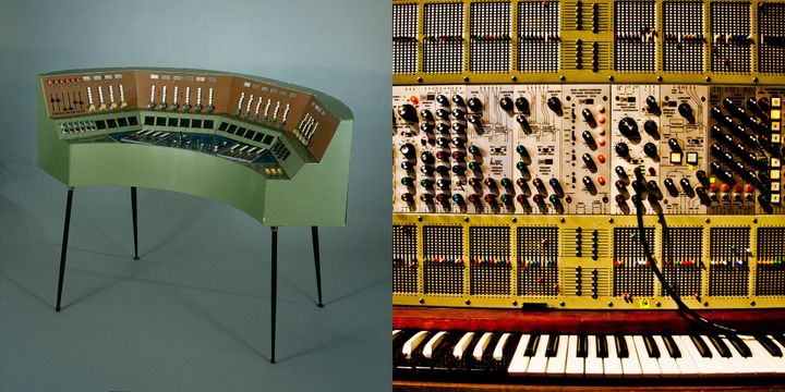 Gmebaphone 2 Christian Clozier France 1975 (à gauche) et Arp 2500 appartenant à Jean-Michel Jarre.
 (Musée de la musique photo Anglès - Edda-JMJ photo Eric Cornic)