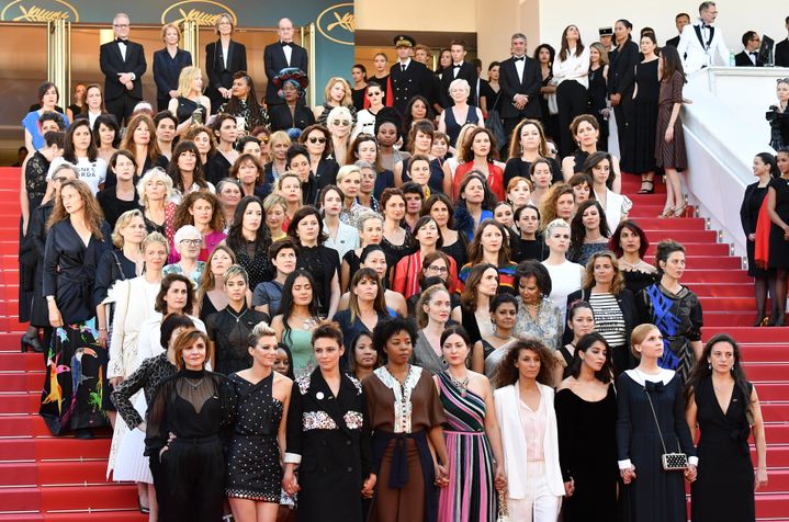 82 "femmes du cinéma" ont monté les marches samedi après-midi pour dénoncer les inégalités femmes-hommes dans le milieu du cinéma et dans la société en général.
 (Alberto PIZZOLI / AFP)