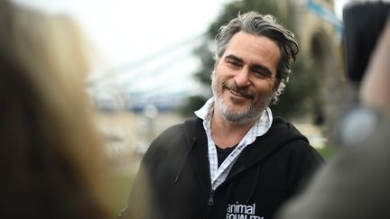 L'acteur Joaquin Phoenix lors d'un manifestation pour le bien-être animal à Londres (2 février 2020) (VICTORIA JONES / PRESSE ASSOCIATION IMAGES / MAXPPP)