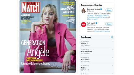 Capture d'écran du tweet de&nbsp;Constance Benqué, directrice générale de Largardère News, partageant la une du magazine Paris-Match paru le 12 mars 2020. (PARIS-MATCH / TWITTER)