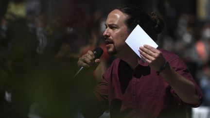 Pablo Iglesais, chef de file de Podemos, le parti d’extrême-gauche, candidat à l'élection régionale à Madrid (Espagne), le 18 avril 2021. (PIERRE-PHILIPPE MARCOU / AFP)