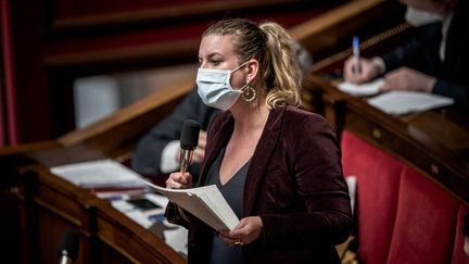 La cheffe des députés LFI, Mathilde Panot, le 13 janvier 2022 à l'Assemblée nationale. (ARTHUR NICHOLAS ORCHARD / HANS LUCAS / AFP)