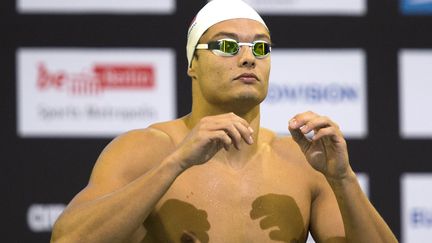 Le Fran&ccedil;ais Florent Manaudou avant sa s&eacute;rie sur 100 m nage libre, le 21 ao&ucirc;t 2014, lors des championnats d'Europe de natation &agrave; Berlin (Allemagne). (JOHN MACDOUGALL / AFP)