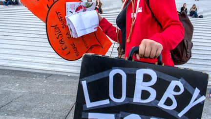 Un "lobby tour",&nbsp;organisé en avril 2017, à La Défense, près de Paris, dans le cadre de la semaine mondiale d’actions contre l’évasion fiscale. (MAXPPP)