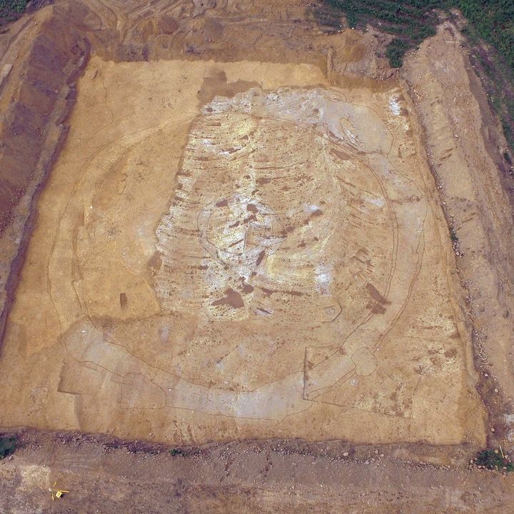 Vue aérienne sur des restes de l'époque néolithique, sur le site de Doorn Nord à Ninove (Flandre-Orientale), dans le nord de la Belgique. On peut notamment reconnaître l'un des fossés circulaires. (SOLVA)