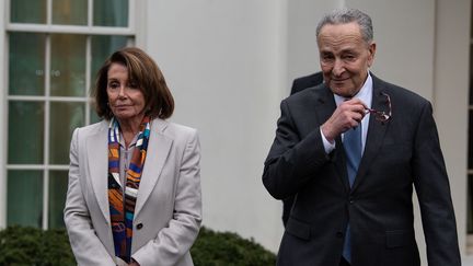 Les leaders démocrates, Nancy Pelosi et Chuck Schumer, continuent de tenir tête à Donald Trump sur le financement de son mur à la frontière mexicaine, le 2 janvier 2019. (NICHOLAS KAMM / AFP)