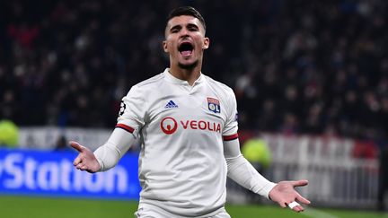 Le milieu de l'Olympique lyonnais Houssem Aouar lors du match de Ligue des champions entre l'OL et le RB Leipzig, le 10 décembre 2019. (JEFF PACHOUD / AFP)