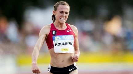 Dans cette photographie d'archives prise le 21 juillet 2018, l'athlète américaine Shelby Houlihan célèbre après avoir remporté le 5000 m femmes lors de la 39e édition de la réunion d'athlétisme "Nacht van de Atletiek" (EA Classic Meeting) à Heusden-Zolder. (JASPER JACOBS / AFP)