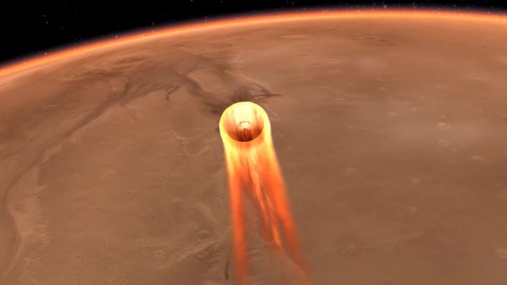 Une illustration de la descente de l'aterrisseur InSight sur Mars,&nbsp;diffusée&nbsp;par la Nasa le 22 novembre 2018. (HO / NASA/JPL-CALTECH / AFP)