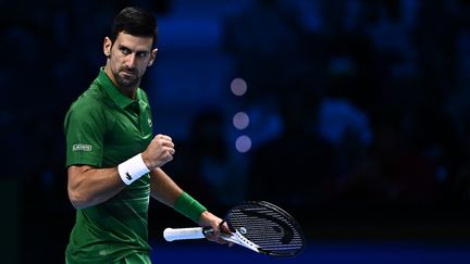 Novak Djokovic s'est imposé face à Stefanos Tsitsipas, lundi 14 novembre, lors de son premier match au Masters de Turin. (MARCO BERTORELLO / AFP)