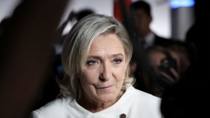 Marine Le Pen speaks to journalists at party headquarters after the preliminary results of the second round of the French legislative elections, in Paris, July 7, 2024. (CHRISTOPHE PETIT TESSON / EPA)