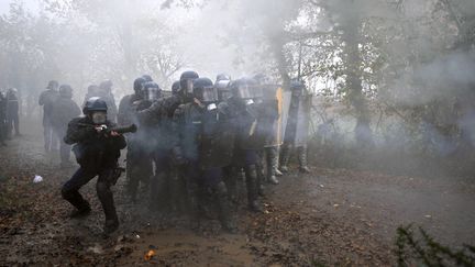 Pr&egrave;s de 500 gendarmes ont proc&eacute;d&eacute; &agrave; l'&eacute;vacuation des squatteurs du bocage de Notre-Dame-des-Landes (Loire-Atlantique), le 23 novembre 2012 au matin. (FRANK PERRY / AFP)