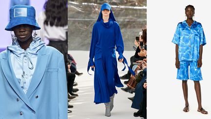 Vente aux enchères de pièces collectors de couleur bleu de créateurs de mode : Victoria Tomas, Kenzo, Schiaparelli et Dries van Noten. Avril 2020 (La mode s'engage)