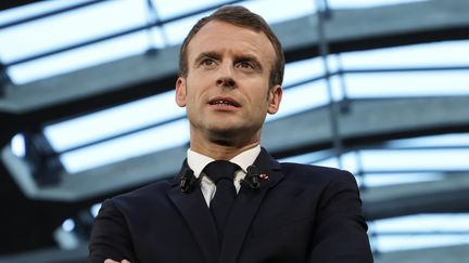 Emmanuel Macron le 9 octobre 2018 à la Station F, un incubateur de start-up à Paris. (LUDOVIC MARIN / AFP)