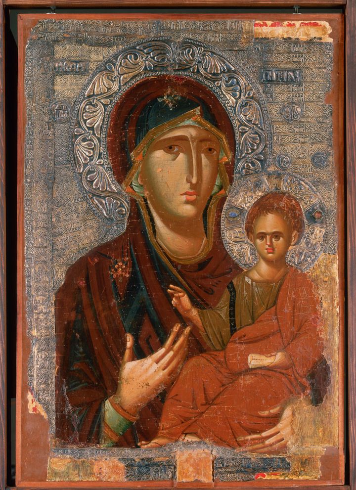 Vierge Hodighitria, xiiie siècle - Avers de l’icône bilatérale de la Péribleptos - Peinture, 97 x 67 cm - Ohrid, église Saint-Clément, galerie des Icônes
 
 (© Photo Scala Archives, Florence)