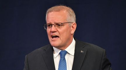 L'ancien Premier ministre australien, Scott Morrison, lors de sa défaite aux élections législatives, le 21 mai 2022. (SAEED KHAN / AFP)