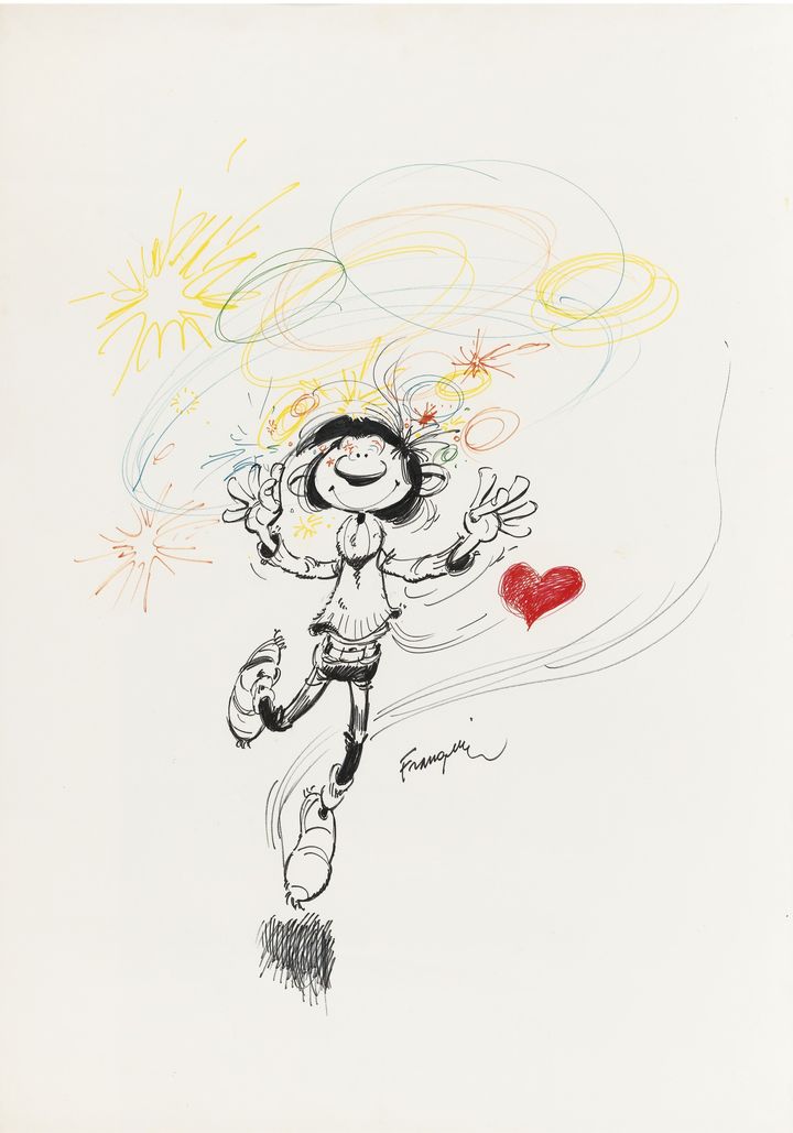 "Gaston Lagaffe amoureux" par André Franquin (années 70) - encre de Chine et de couleurs 60 x 87 cm
 (Franquin / catalogue Sotheby&#039;s )