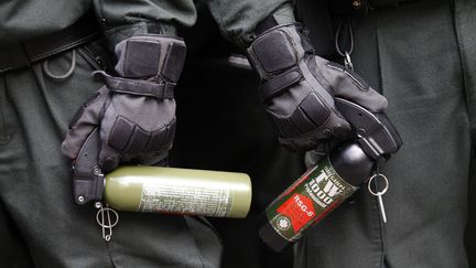 Des policiers allemands arm&eacute;s de bombes lacrymog&egrave;nes lors d'une manifestation &agrave; Francfort, le 1er juin 2013. (KAI PFAFFENBACH / REUTERS)